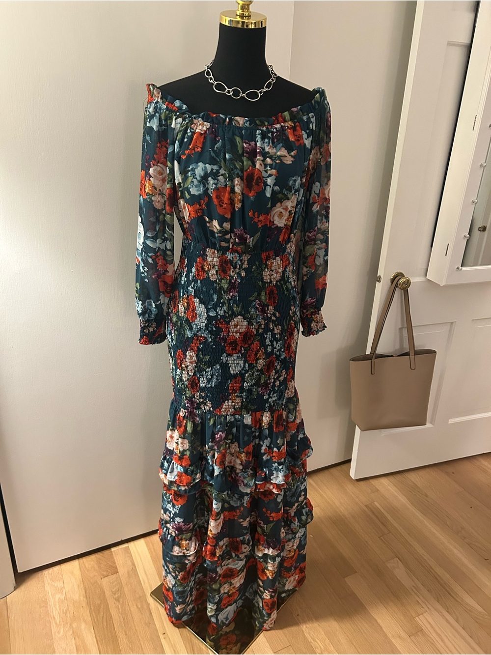Floral Off-Shoulder Tiered Maxi Dress in Teal and Red